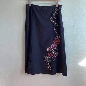 Ann Taylor LOFT black wool blend skirt with red and pink floral embroidery